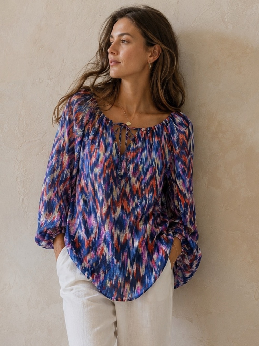 Tommy Bahama Silk-Cotton Blend Ikat Print Peasant Blouse – Size XL (Like New)
